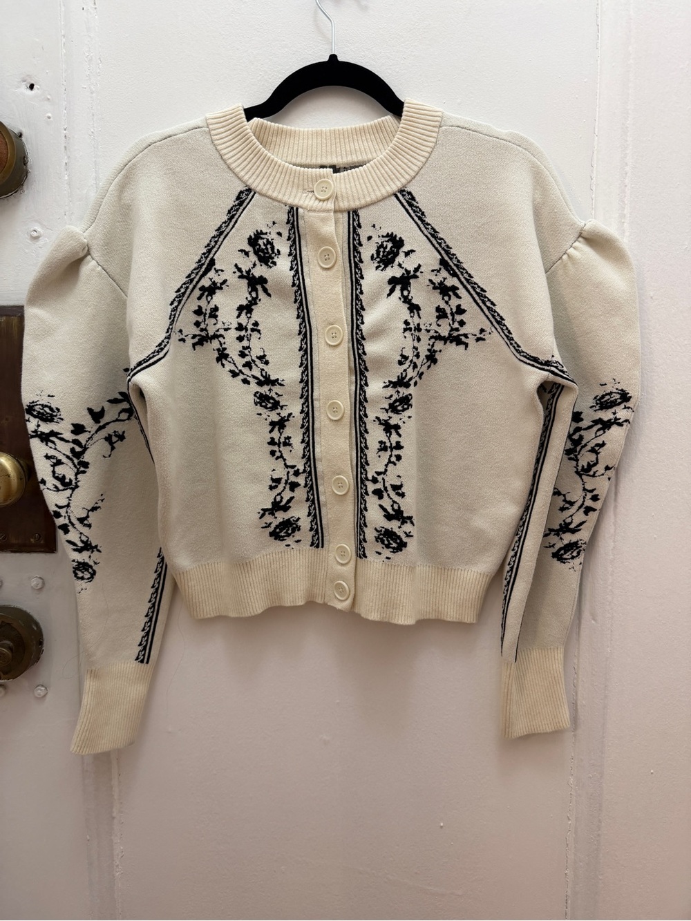 Anthropologie Cream Cardigan with Black Floral Jacquard